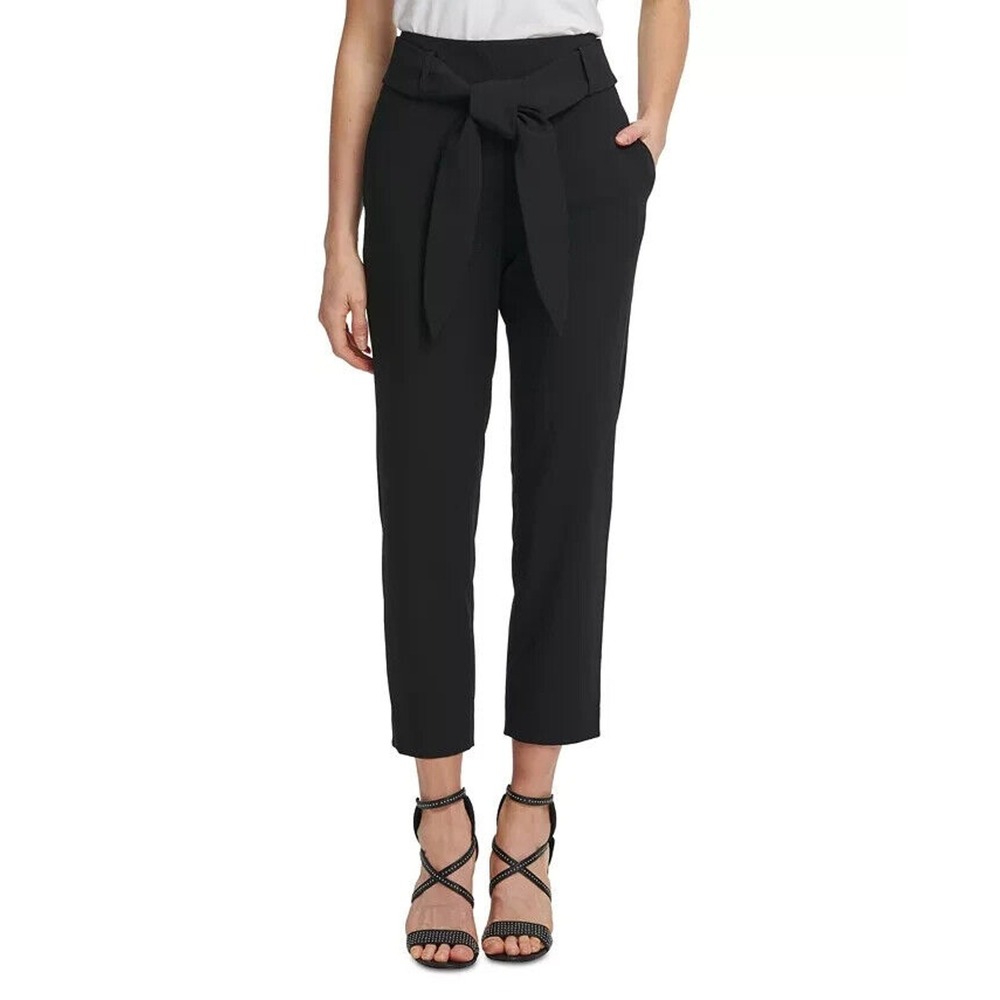 DKNY Petite High-Waisted Tie Front Ankle Pants Black Size 6P Women's Seaside Tro